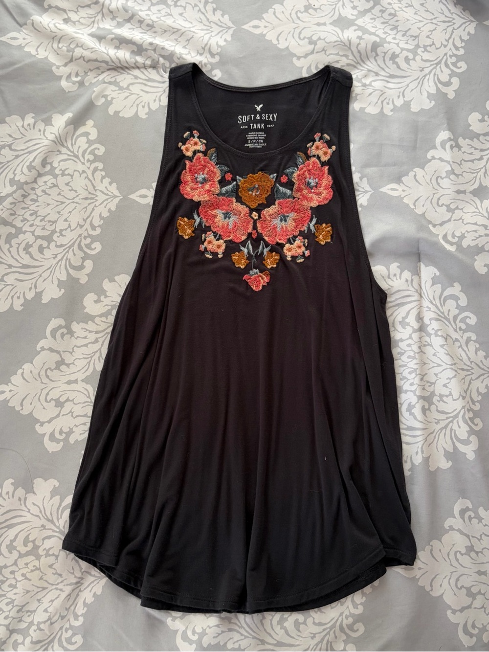 American Eagle Navy Tank with Floral Embroidery
